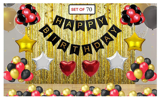 Kids 70pcs  Birthday Celebration Combo  Happy birthday Banner + Multi Metallic Balloons + Theme foil Balloons and Golden Fringe Curtains