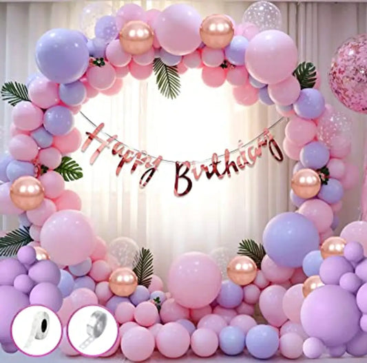 Party Propz Pink Birthday Decoration Items Combo Set for Girls Kids- Happy Birthday Bunting, Metallic and Chrome Balloons, Glue Dot,Arch Strip for Birthday Decorations Celebrations - 60Pcs