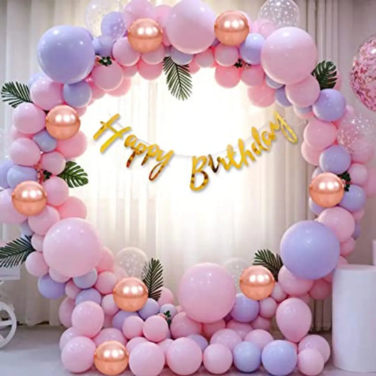 Pink Birthday Decoration Items Combo Set for Girls Kids- Happy Birthday Paper Bunting, Latex and Chrome Balloons for Birthday Decorations Celebrations - 37Pcs