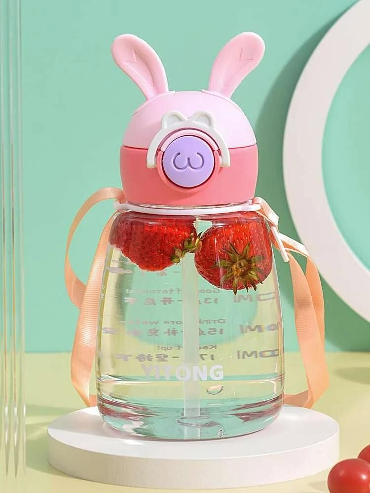 Cute Cartoon Rabbit Ear Straw water Bottle with sipper For Kids Teens Girls 750ml